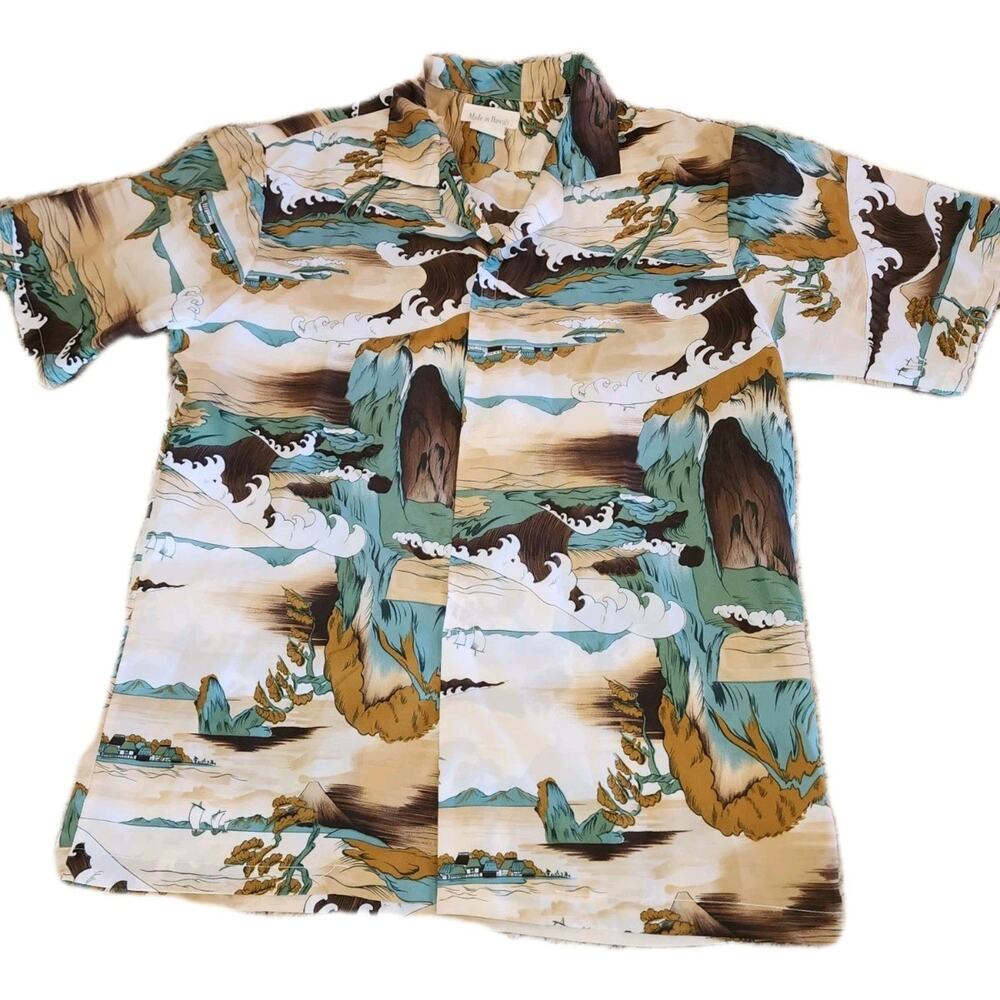 VTG 1970s Sakura Japanese Hawaiian Shirt Med Aloha Wave Hook And Loop Closure